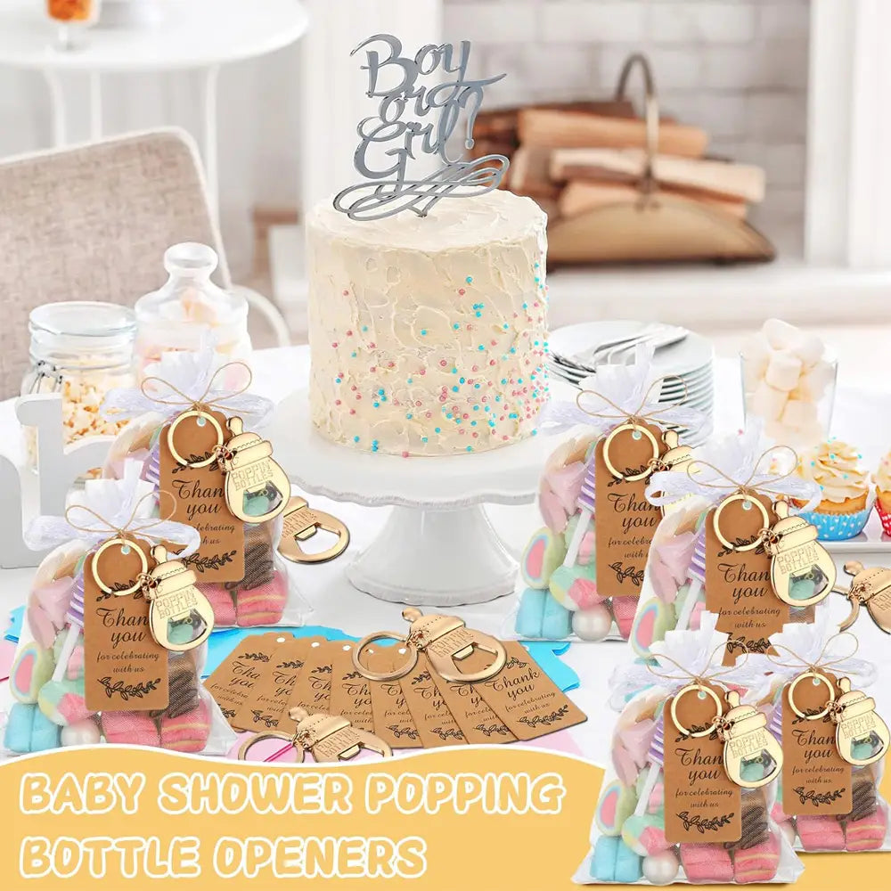 gold-colored baby bottle-shaped bottle opener favor with keychain loop and clear glass insert for baby shower gifts