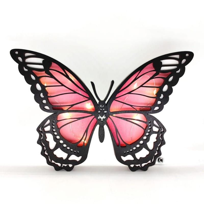 wooden butterfly led light tabletop decor featuring a pink and black butterfly-shaped wall lamp with illuminated wings.
