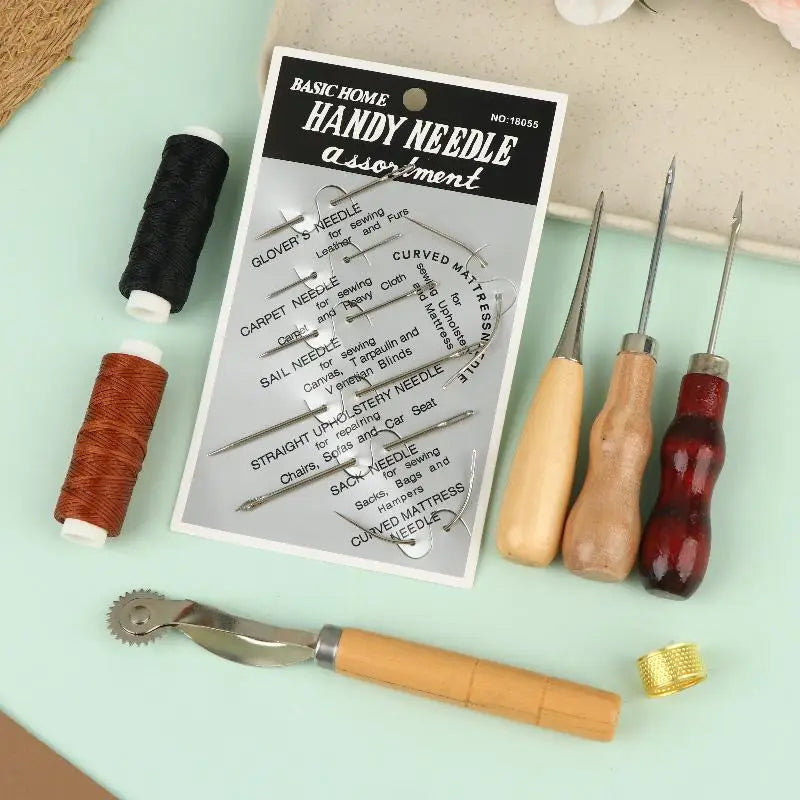 Basic home handy needle assortment package featuring metallic finish sewing needles with labeled types and descriptions on the card for leather sewing tool kit for DIY craft and repair.