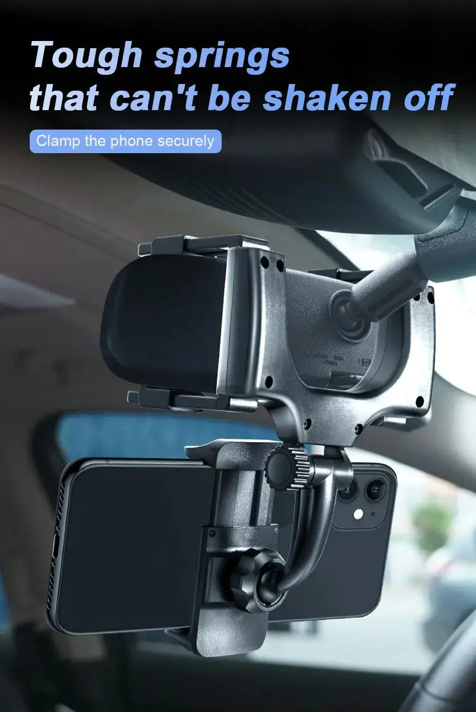 Black smartphone mounted in a metallic 360 degree foldable rearview mirror car phone holder with adjustable arms and spring-loaded clamps.