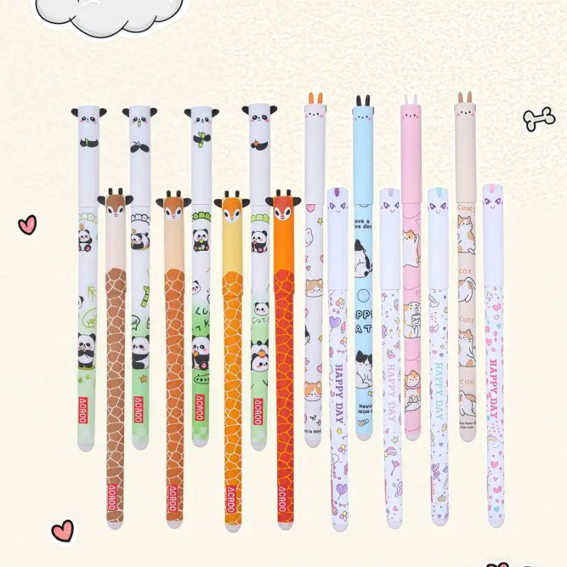 A set of cute animal erasable gel pens featuring colorful kawaii-themed designs with pandas and giraffes in soft pastel colors and playful patterns.