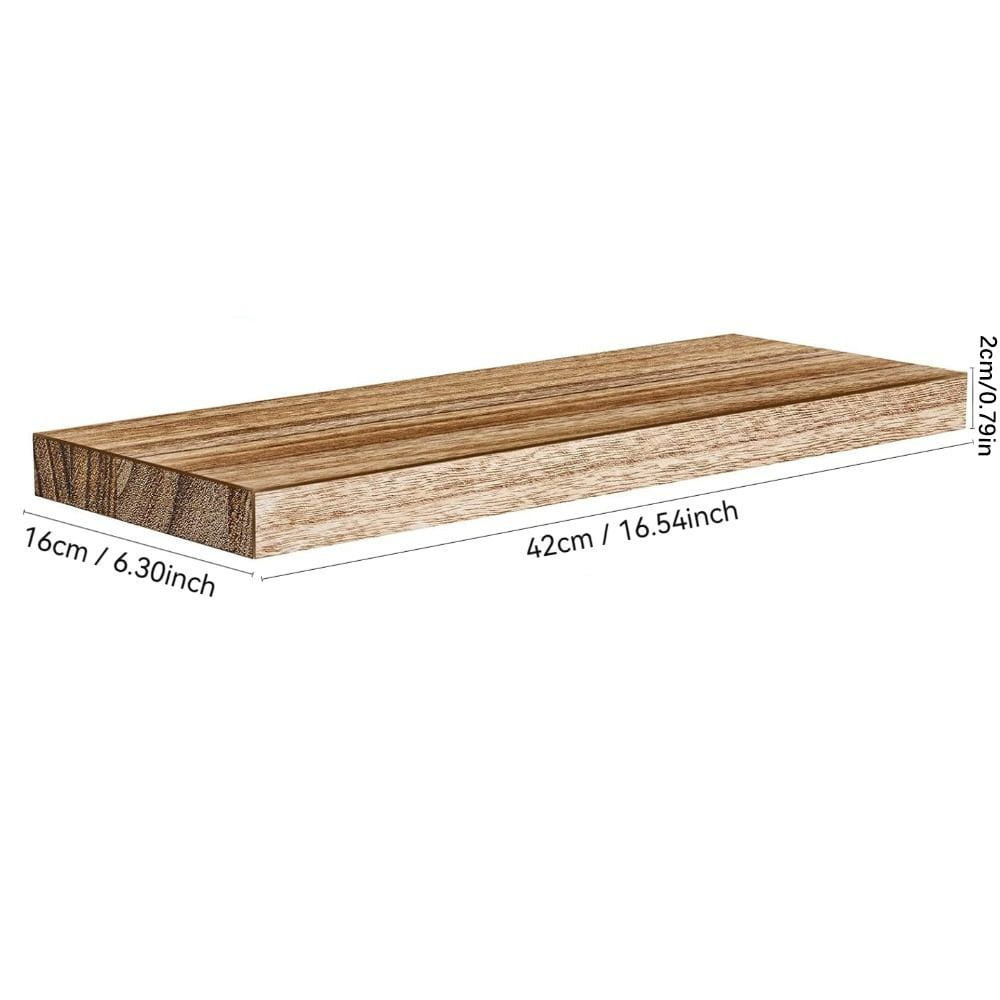estante flotante de madera rectangular con acabado marrón natural y patrones de vetas visibles, ideal para almacenamiento y exhibición montados en la pared en la sala de estar