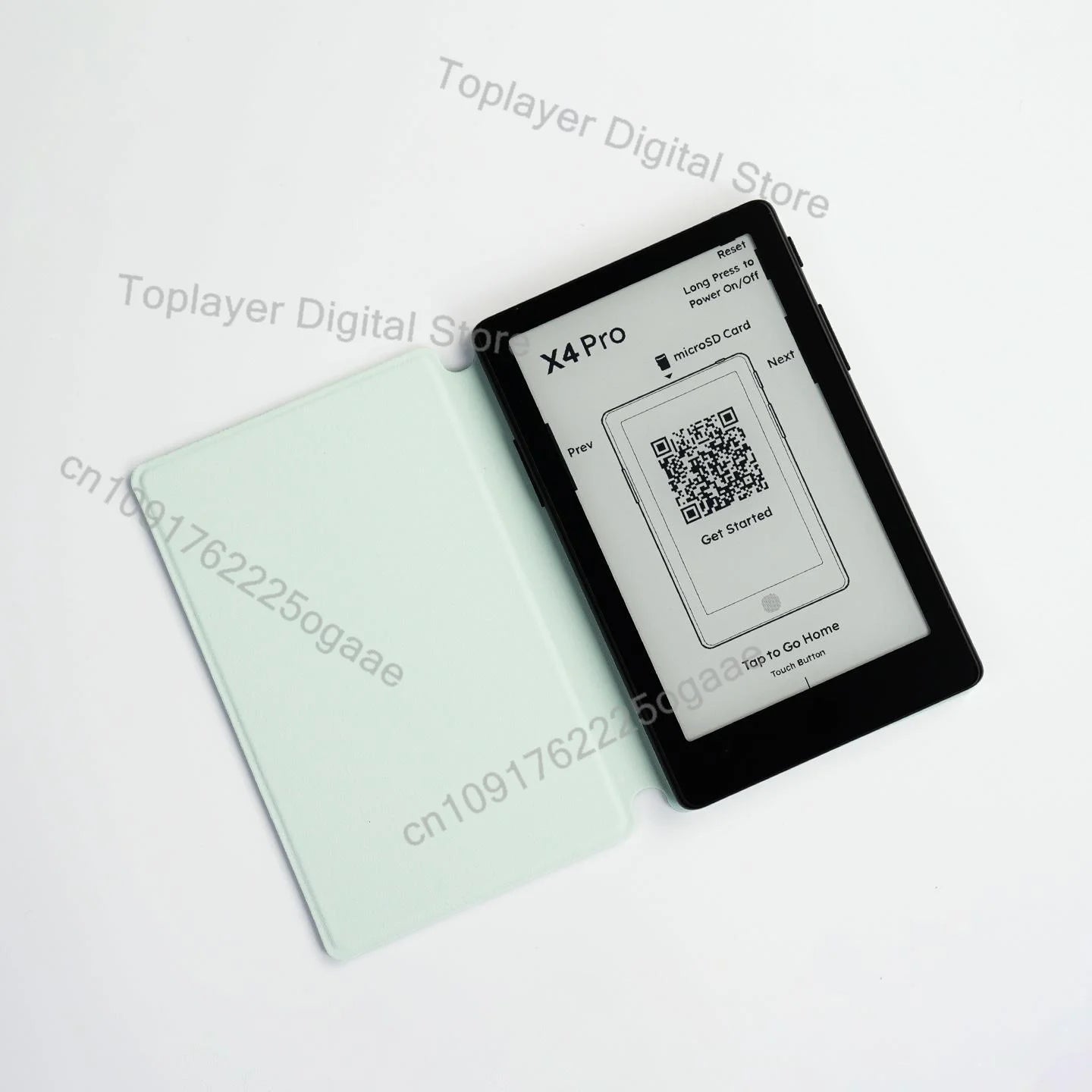 black kindle x4 pro e-reader with light mint green protective case shown with official original magnetic charging dock for xteink x4 pro