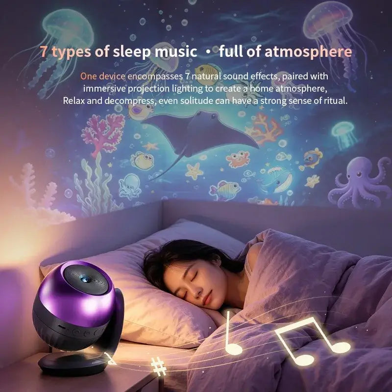 A purple and black spherical galaxy led projector light with ambient lighting and kids gift patterns shown from a front angle.