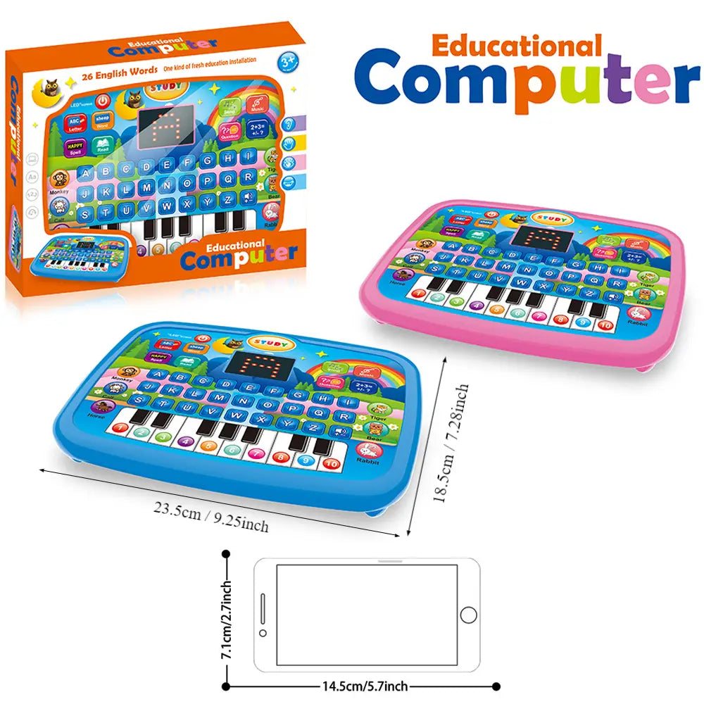 Blaues Kinder-Bildungstablet-Spielzeug mit farbenfrohen Tasten, kleiner Tastatur und Cartoon-Grafiken, ausgelegt für das Lernen und das musikalische Spielen