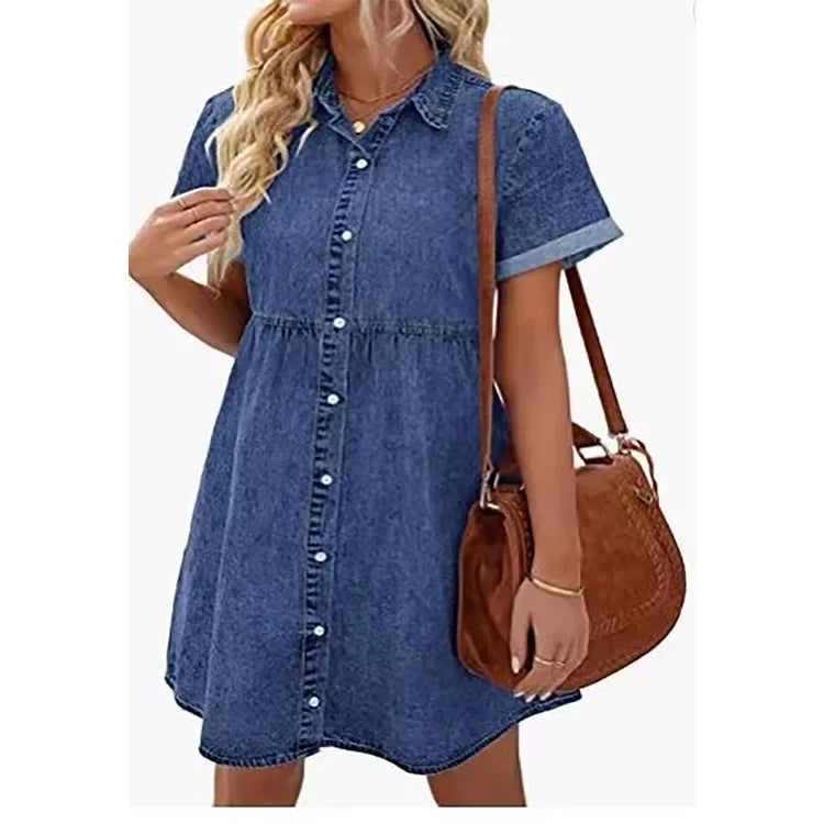 Women Denim Shirt Dresses Short Sleeve Turn Down Collar Jean Dress Single-breasted Casual Top Loose Ruffled Edge Women Dresses