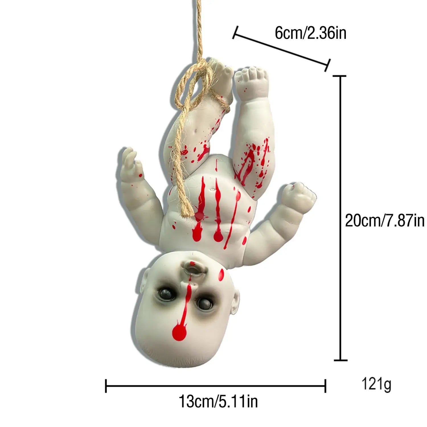 white plastic Halloween hanging ghost doll with red paint splatters and rope for spooky decoration.
