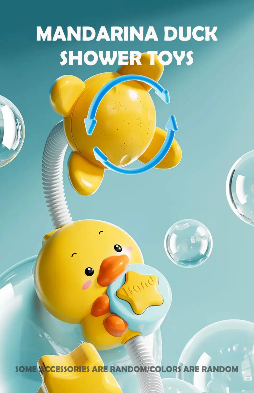 Petit jouet de bain électrique en forme de canard en plastique jaune, avec un bec orange et une attache en forme d’étoile bleue, destiné à être utilisé pour une sortie d’eau du robinet à jets.