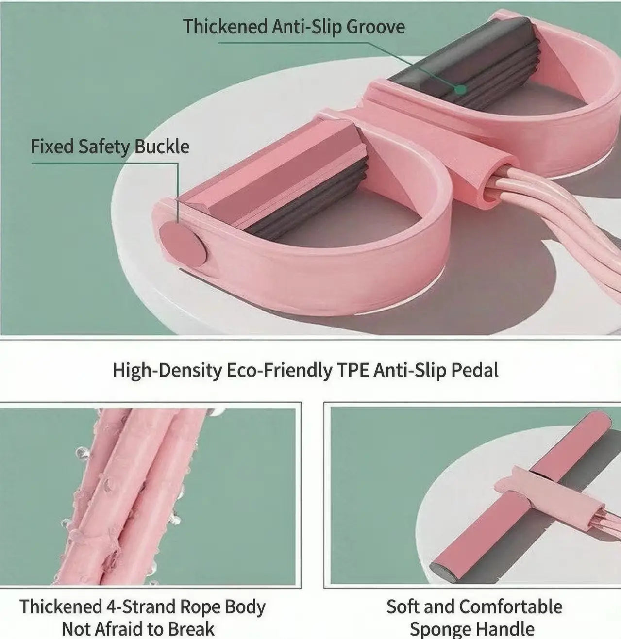 pink 6-tube pedal resistance band fitness equipment with thickened anti-slip grooves, fixed safety buckle, and soft sponge handles made from high-density eco-friendly tpe.