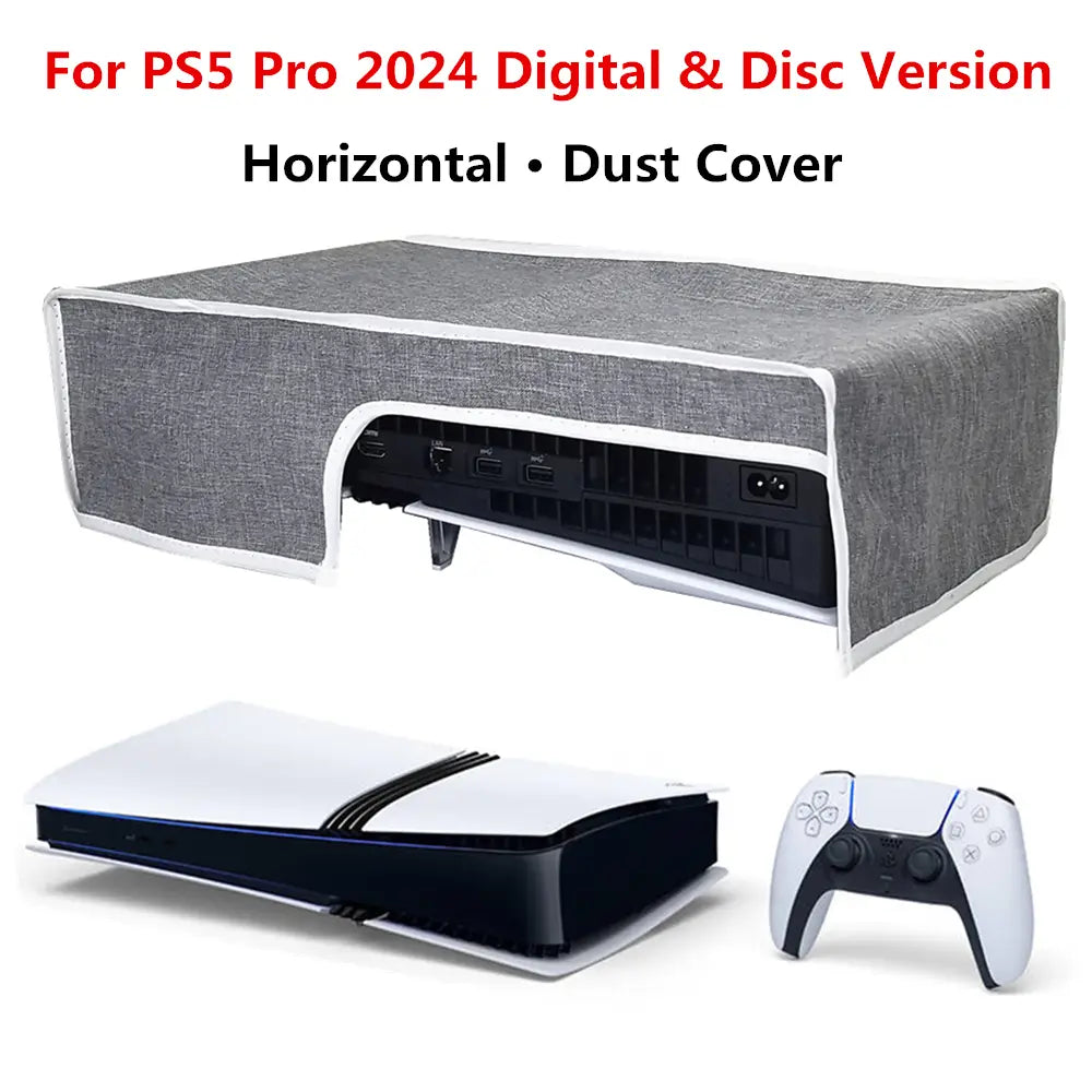 Gray textured horizontal dust cover with white trim made of oxford cloth designed for ps5 pro console digital and disc version 2024.