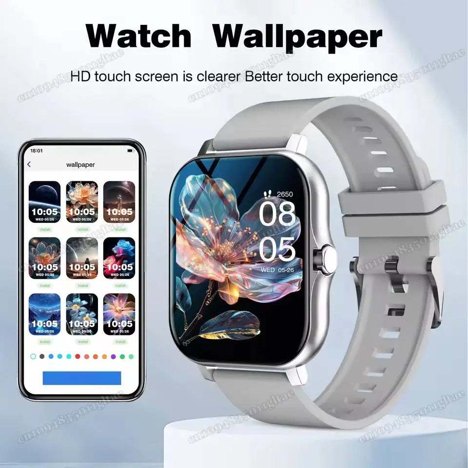 Un elegante reloj inteligente Bluetooth 2.01 HD para fitness con marco plateado y correa de silicona gris claro, y pantalla táctil HD que muestra un vibrante fondo floral.