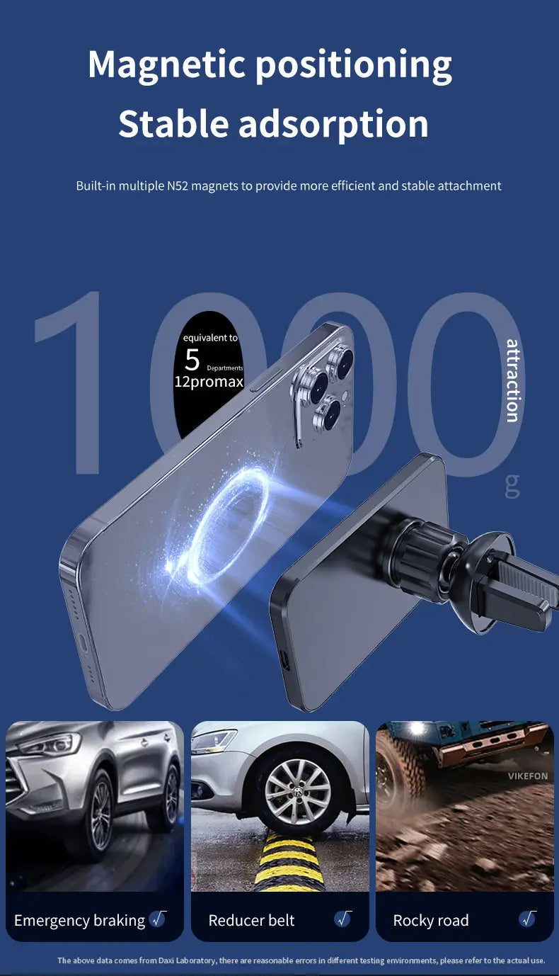 silver vikefon magnetic car wireless charger with multiple ns2 magnets for stable adsorption on the back side of the phone mount