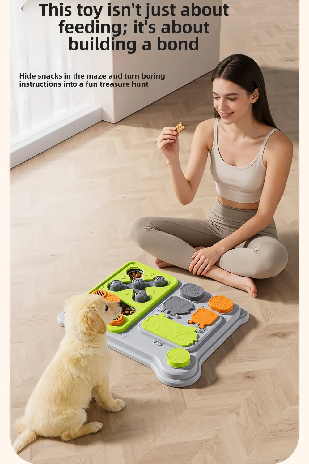 緑とグレーのインタラクティブな犬用パズルフィーダーおやつディスペンサー玩具。カラフルな質感のある障害物を備えた、犬向けの玩具タイプ。