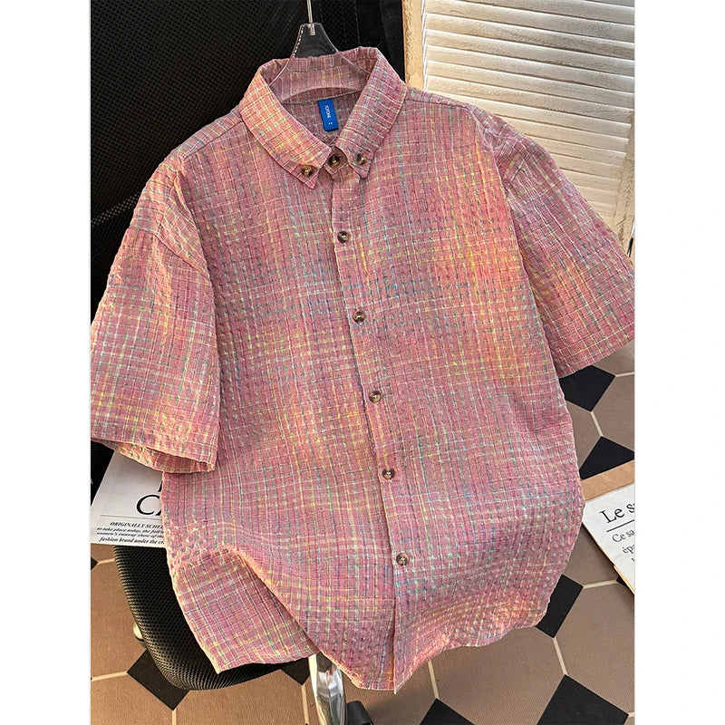 Short Sleeve Shirt Men Japanese Retro Summer New Casual Loose Solid Plaid Coats Popular Versatile Seersucker Ice Silk Tops