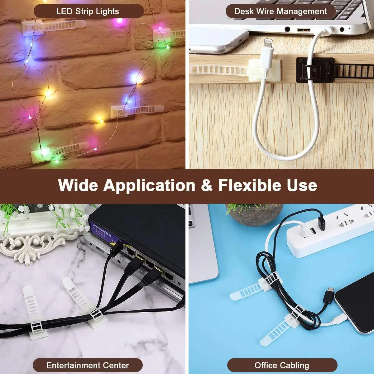Soportes para bridas de plástico blanco con diseño acanalado y respaldo autoradhesivo para una organización ajustable de cables en diversos entornos.