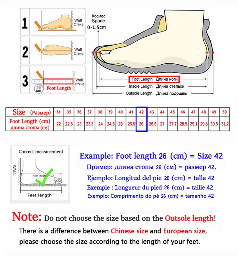 Zapatillas casual para hombre talla 42, transpirables, con plataforma, con plantilla beige y suela exterior gris, que incluyen diagramas de medición de longitud y anchura del pie.