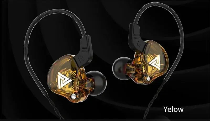 Golden transparent qkz ak6 in-ear headphones with black ear hooks and a white triangular logo featuring an integrated mic for clear audio communication.