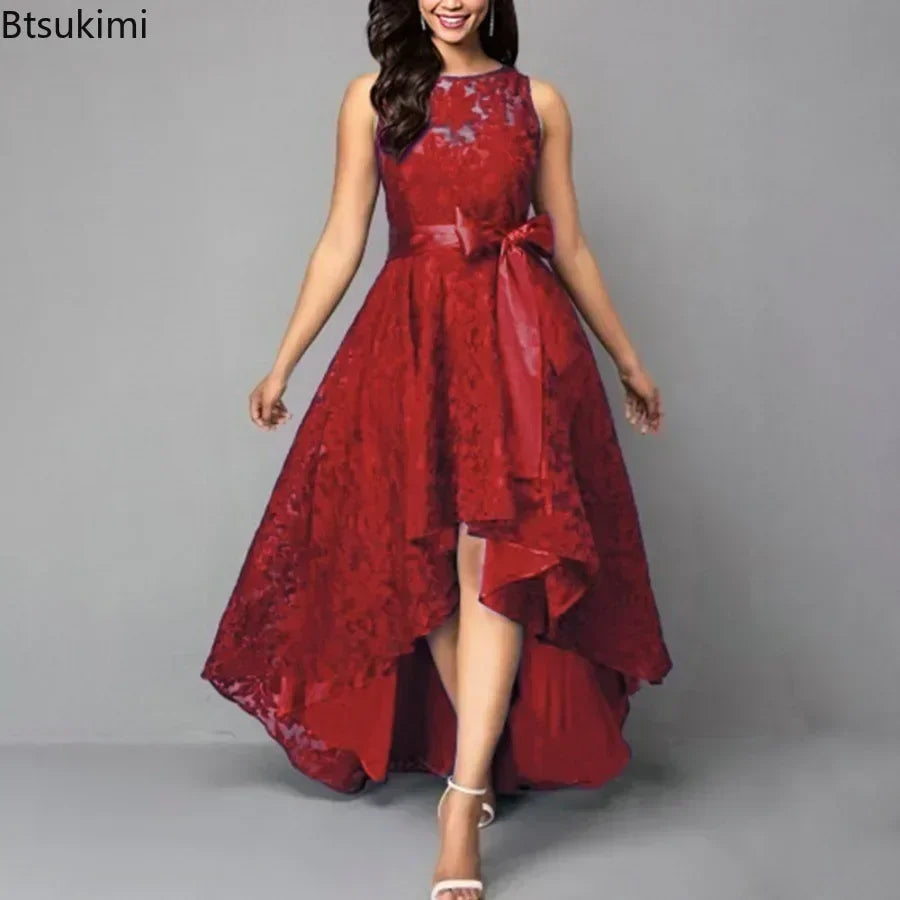2026 Women's Wedding Bridesmaid Dress Elegant Lace Evening Sweet Party Dress Plus Size Slim High Waist Bow Maxi Dresses Female