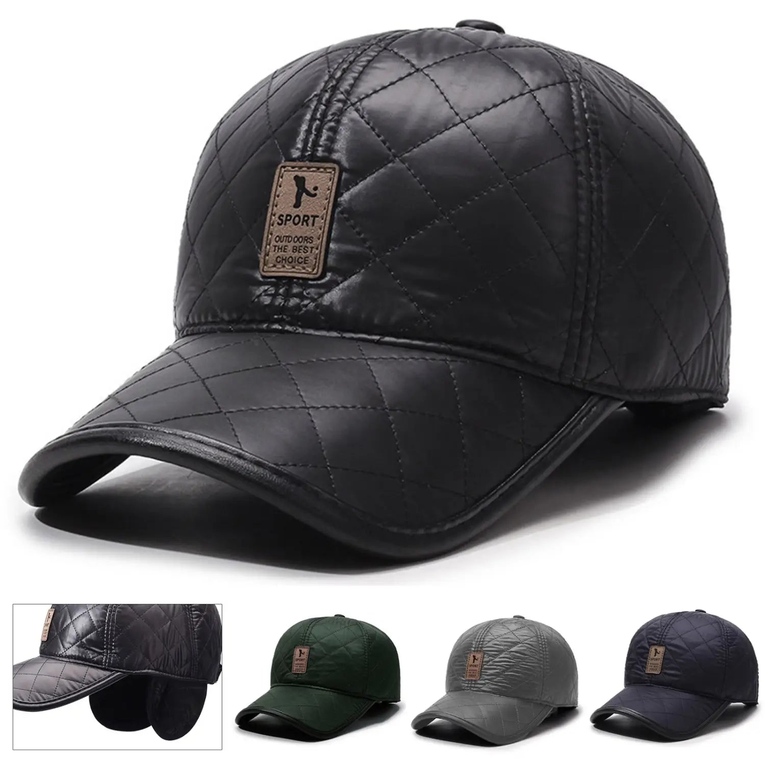 Casquette de baseball en cuir matelassé noir, avec rabats d’oreilles chauds et un écusson marron portant l’inscription « sport outdoors the best choice » ; idéale comme casquette de baseball à rabats d’oreilles chauds ou comme bonnet de Noël.