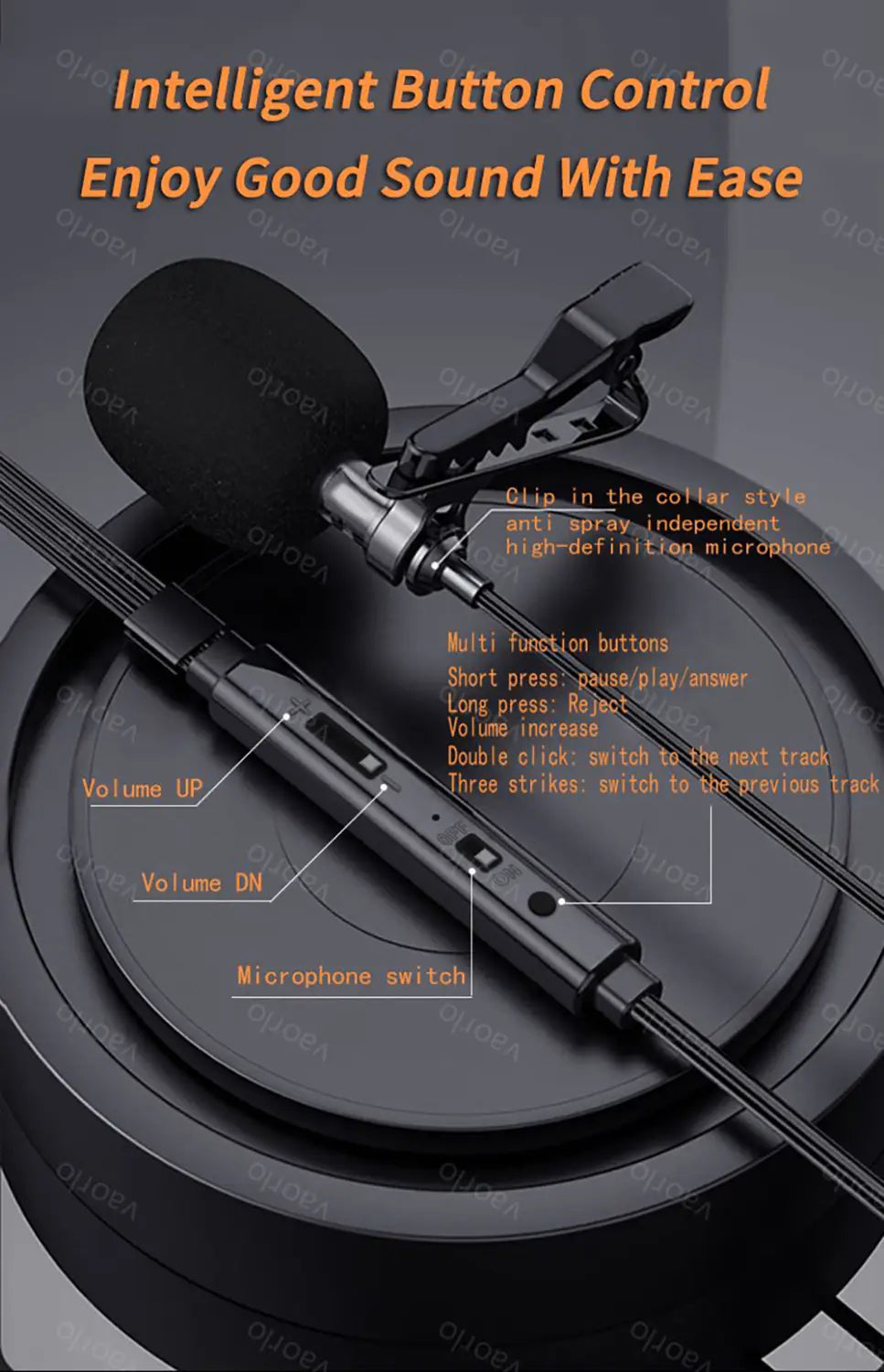 Microphone lavalier à pince noir au fini mat, avec accents argentés, comportant des boutons multifonctions pour le contrôle du volume et le changement de piste, pour écouteurs filaires 3,5 mm, puce numérique, diffusion en direct.