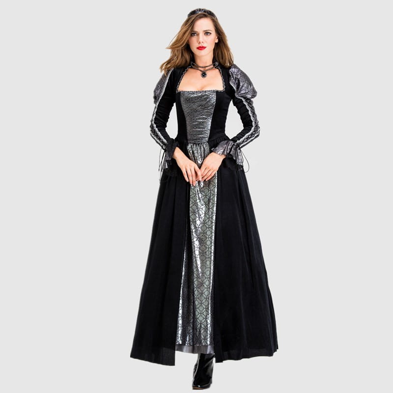 Elegant black and silver gothic vampire queen costume black velvet gown featuring a velvet bodice, lace-up sleeves, and a flowing skirt with metallic geometric patterns.