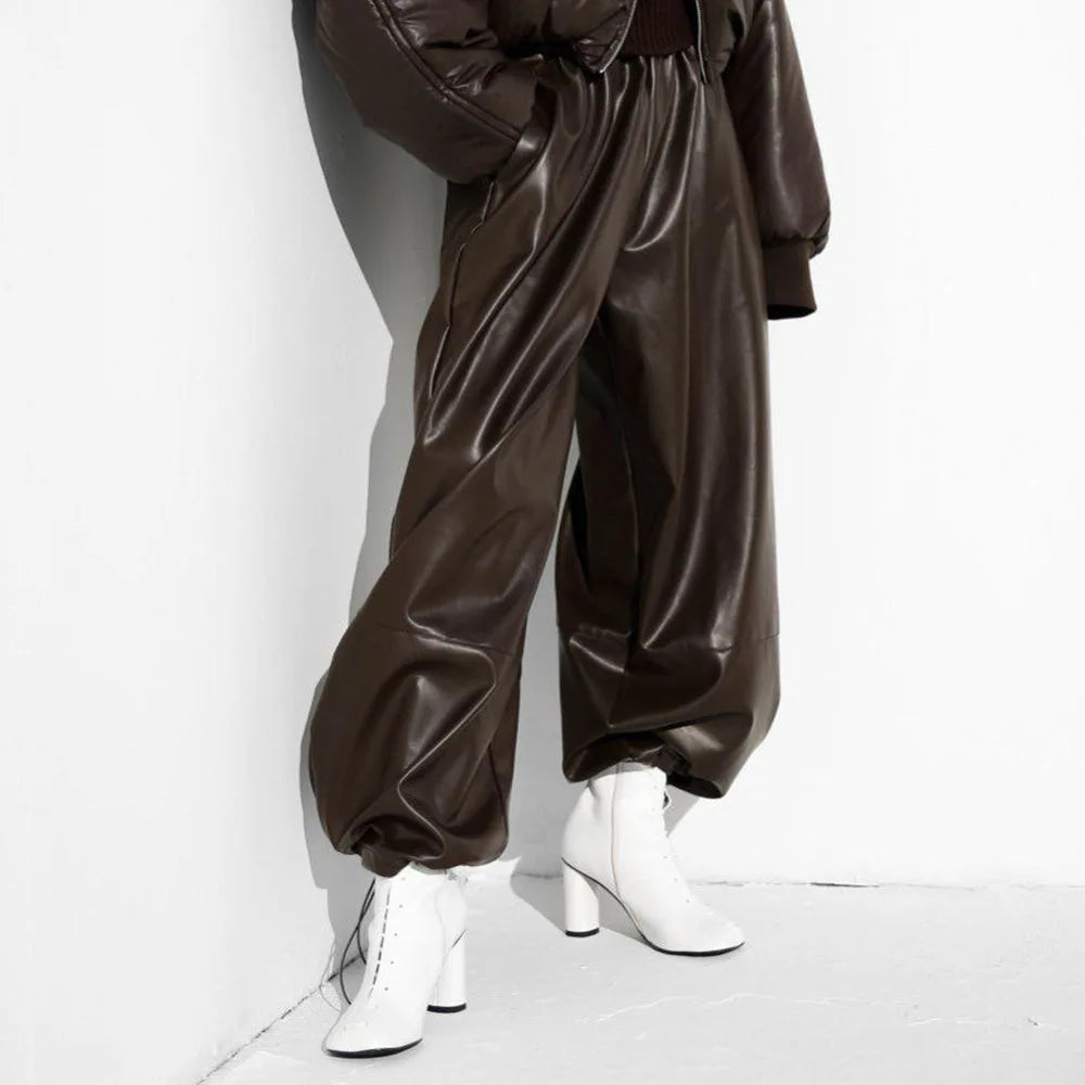 Women's Leather Pants with Drawstring and Tapered Cuffs New Style for Autumn and Winter 2025 Loose Fit.