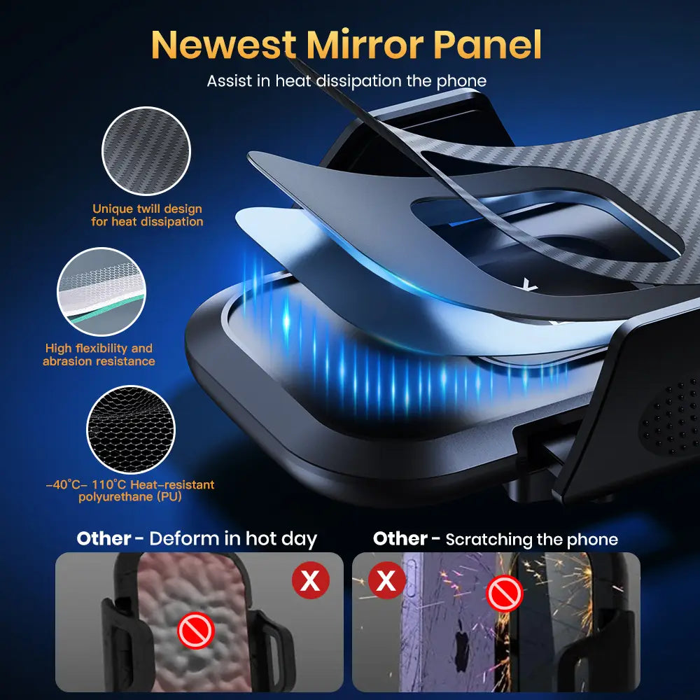 black carbon fiber-patterned mirror panel car phone holder vent mount with heat-dissipating design and universal auto locking mechanism shown from the back side