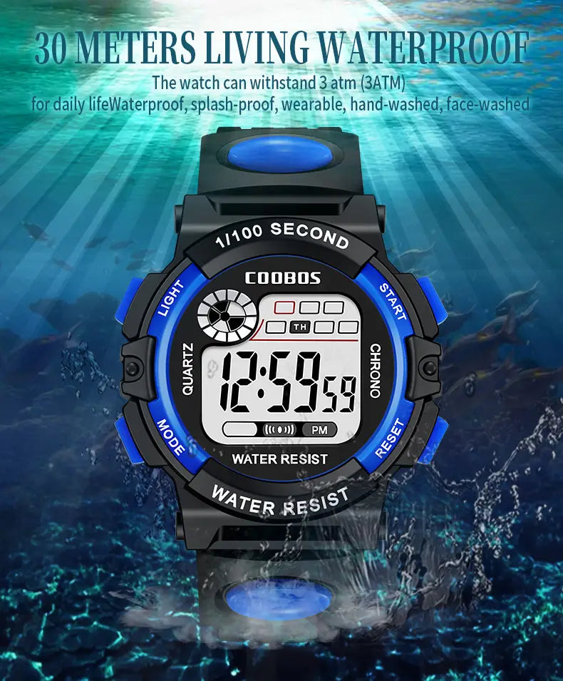 Black and blue digital kids watch with a rugged design featuring the Coobos brand name on its face and waterproof LED sports functionality.