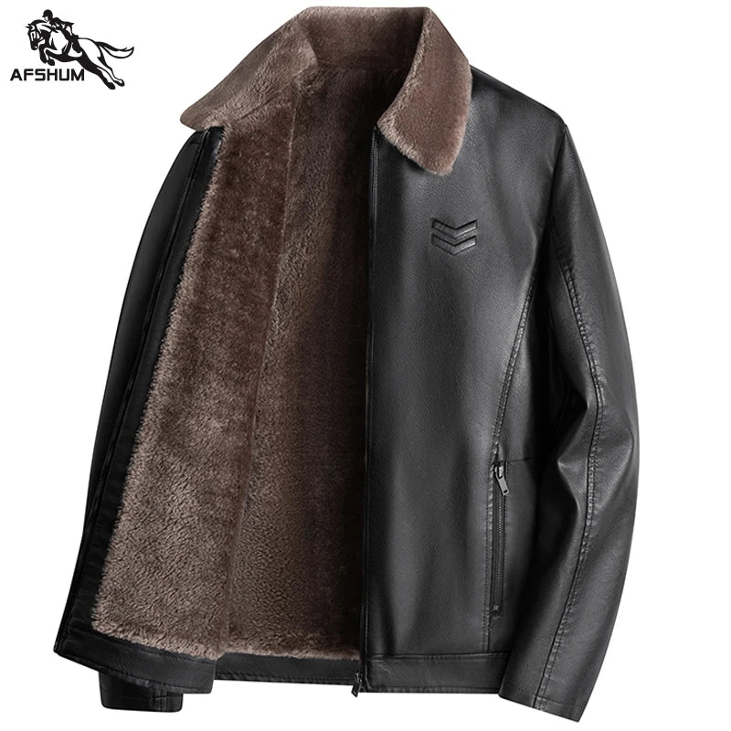 Men's Leather Jacket Autumn and Winter New Collection Coat with Fleece, Middle-Aged Leather Jacket, Light Business Casual Coat