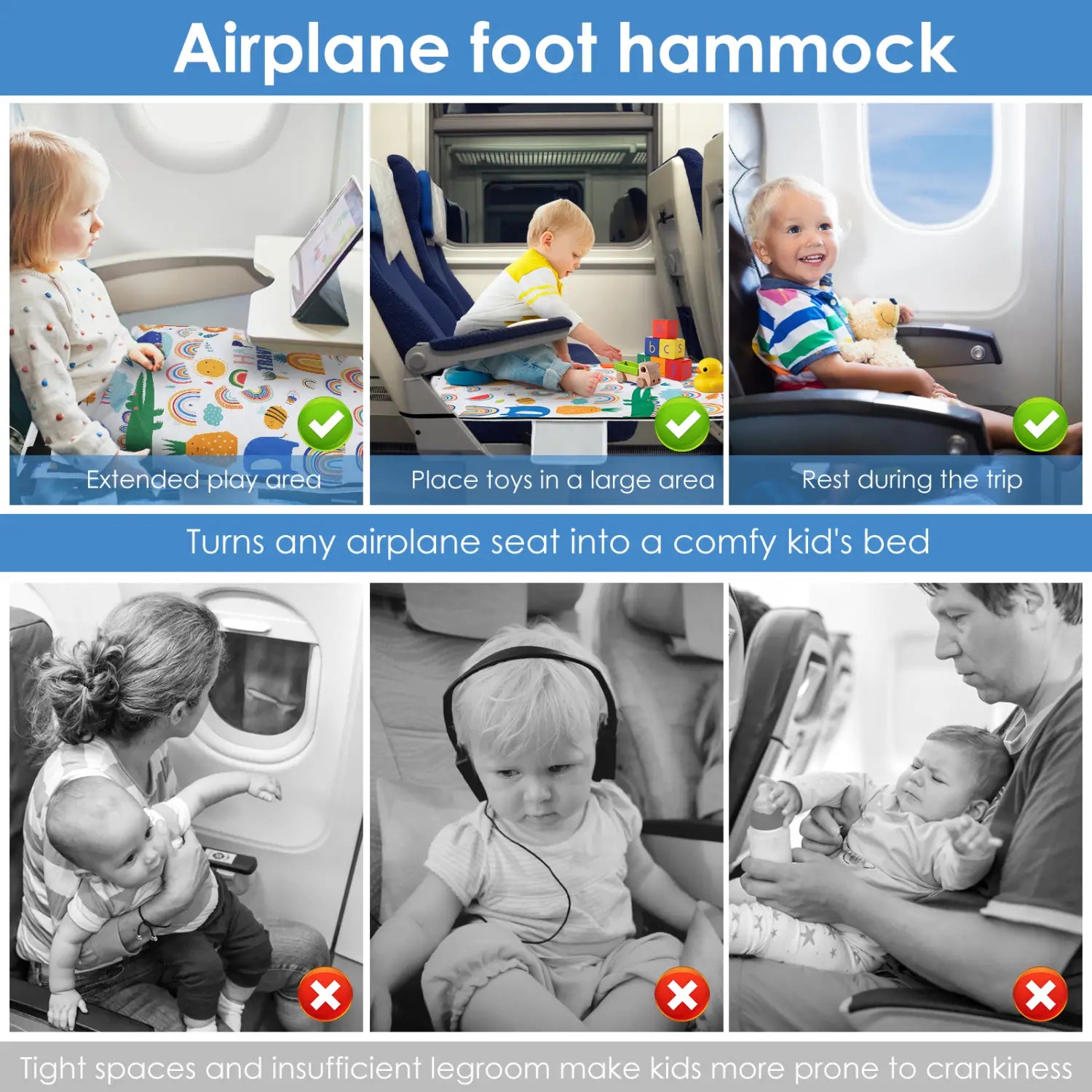 Bunt gemusteter Aufsatz für den Kindersitz im Flugzeug als Reisebett für Kleinkinder mit einer weichen Stoff-Fußhängematte, ausgelegt für die Nutzung als gemütliches Bett in Flugzeugsitzen.