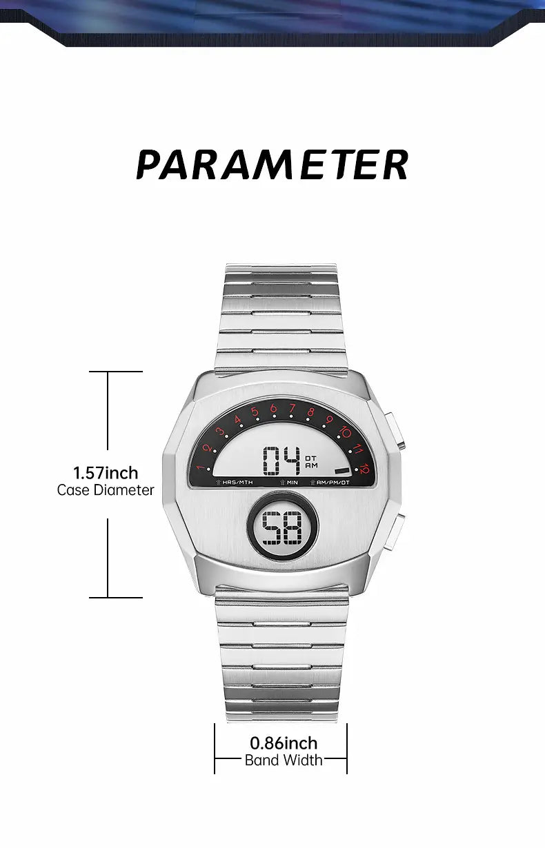 megir men stainless steel digital watch with a silver rectangular face and metallic band.