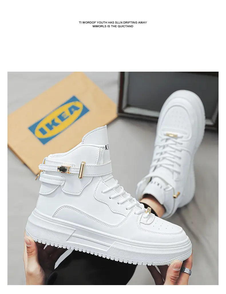 Men white high top sneakers with chunky sole and gold-tone metal buckle accents