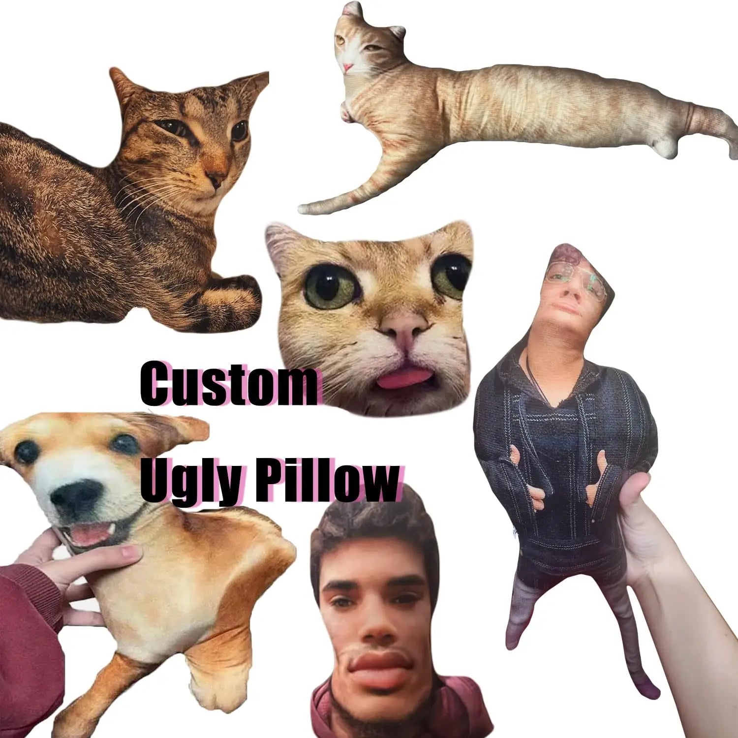 Custom pet pillow featuring a plush soft fabric design with printed images of cats and dogs in various poses for personalized home decor.