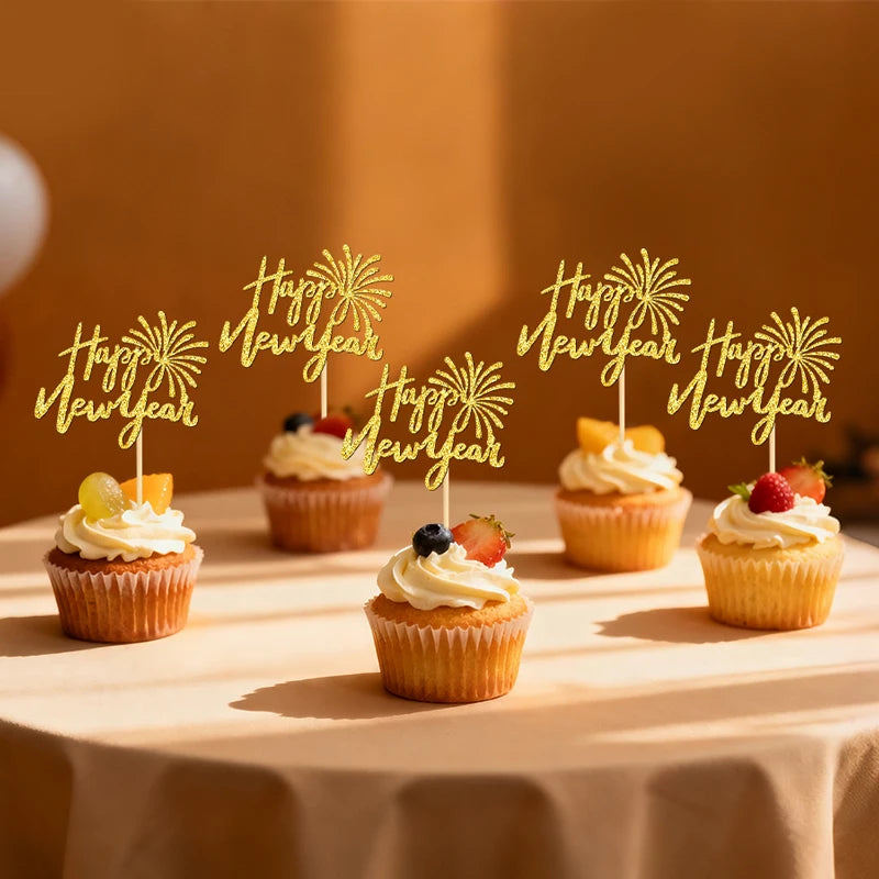 YOMDID 24Pcs Happy new year Cupcake Toppers Glitter New Year Cake Toppers New Year Party Design for Christmas Cupcake Picks