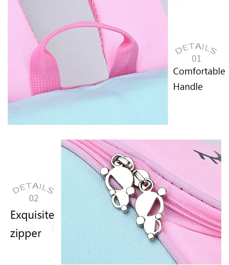 Einhorn-Schulrucksack für Mädchen Rainbow Bookbag in Pink und Hellblau mit weichem Stoffgriff und silbernen Reißverschluss-Ziehern in Panda-Form.