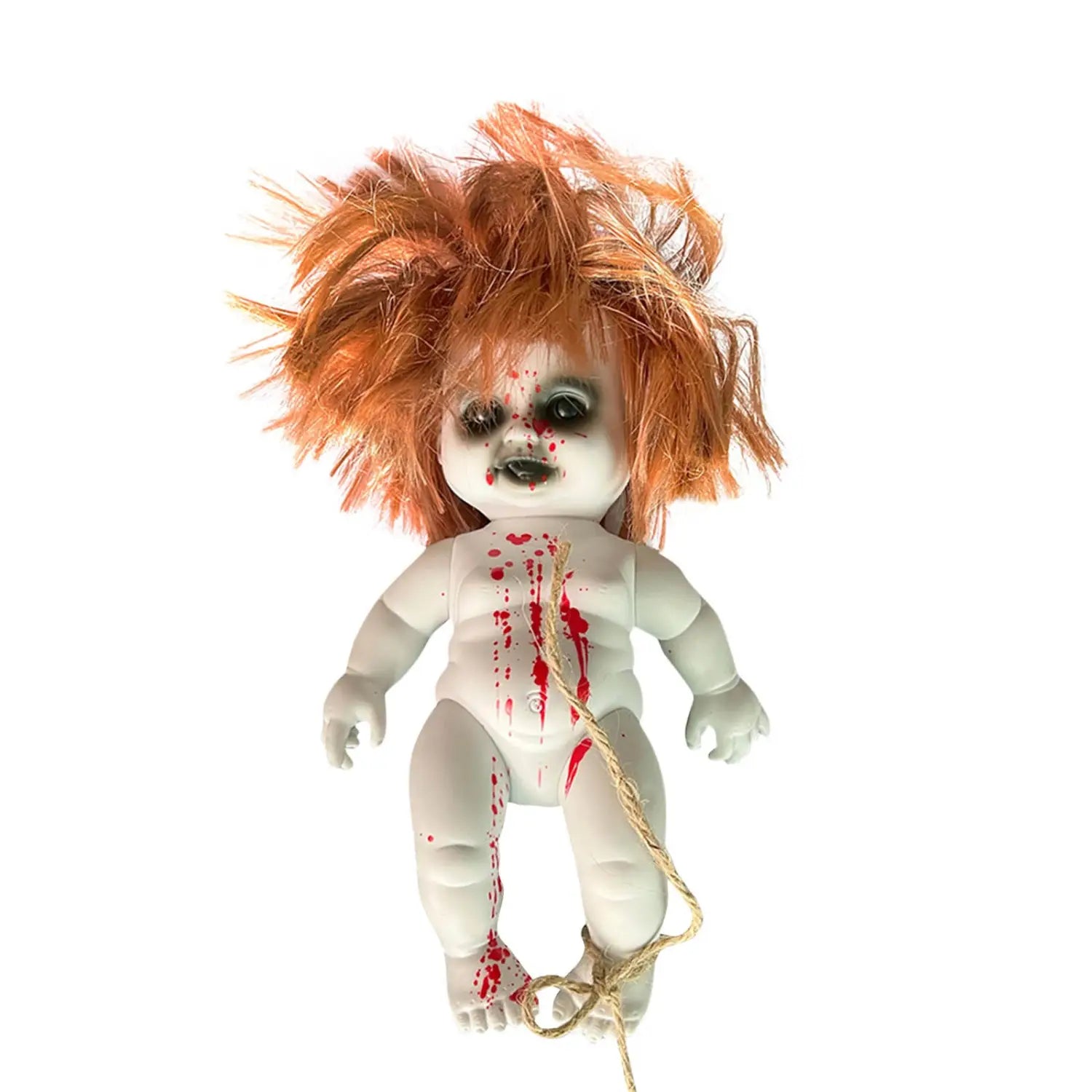 a creepy orange-haired halloween hanging ghost doll spooky prop with a pale blood-splattered face and body tied with twine at the ankles