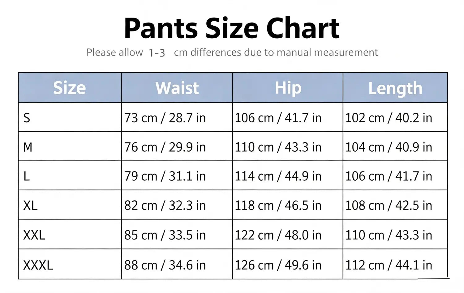 Pantalon cargo homme en molleton avec poches et tableau des tailles indiquant les mesures de la taille, des hanches et de la longueur, de la taille S à XXXL