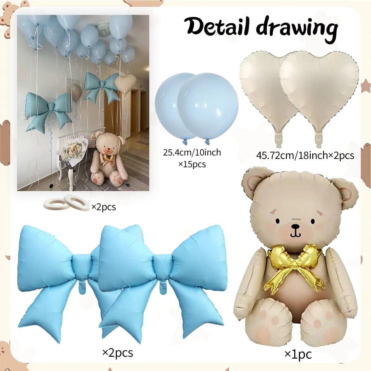 Blue Bow Balloon and Bear Balloon Set Blue Balloon for Shower, Baby Party, Birthday Party Decoration