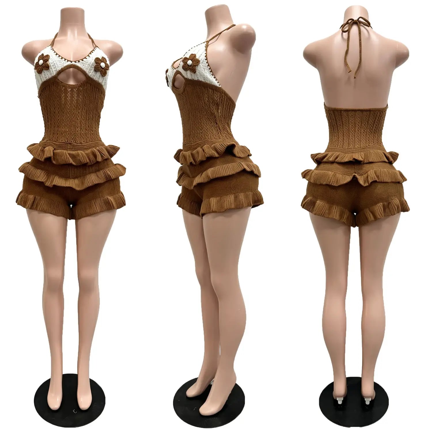 brown knitted two-piece romper with white floral embellishments and ruffled shorts designed as a summer playsuit
