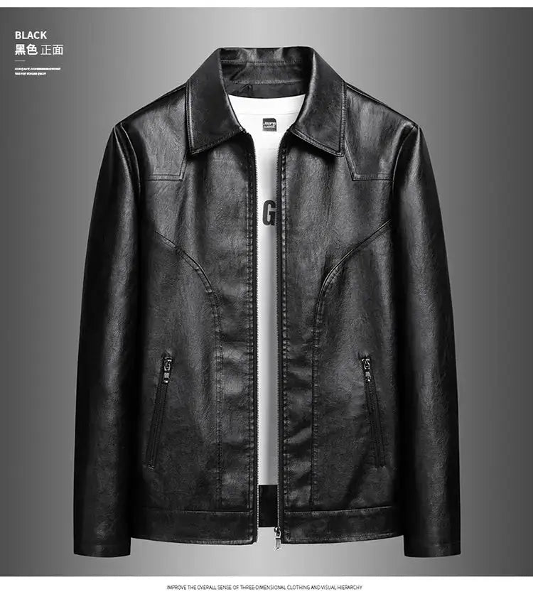 black faux leather men’s jacket with a classic collar and front zipper closure featured in a men’s light green faux leather moto jacket product listing
