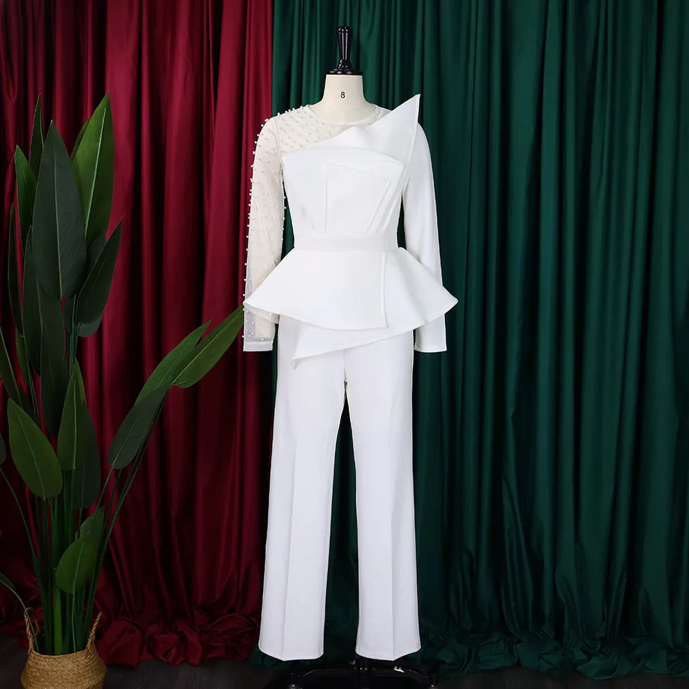Elegant Jumpsuits & Rompers for Women O Nec Short Sleeve Beaded High Waisted Luxury Female Birthday Dinner Party Overalls Outfit