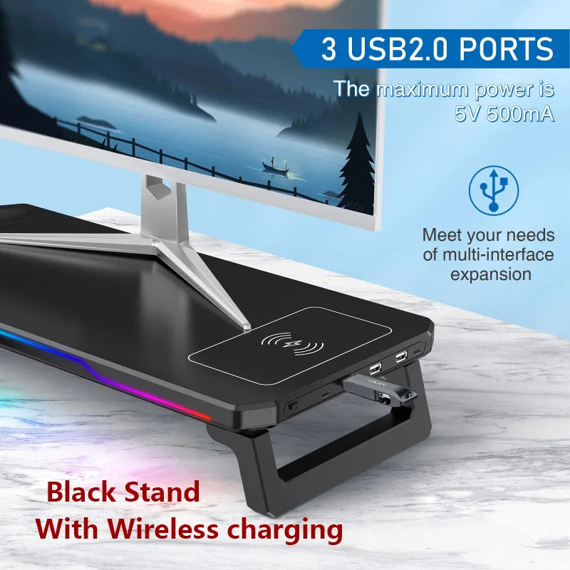 Wireless Charging Computer Stand with RGB Light Monitor Stand Office Docking Station Multifunctional Foldable Desktop Organizer