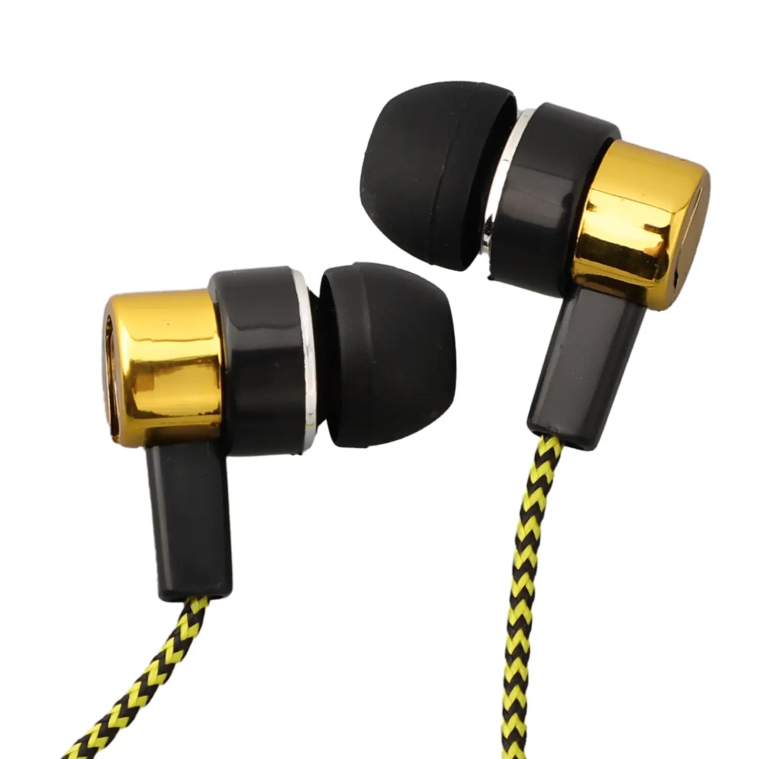Écouteurs intra-auriculaires stéréo filaires pour basses noir et or avec un câble tressé jaune et noir et une prise jack 3,5 mm pour un son de haute qualité.