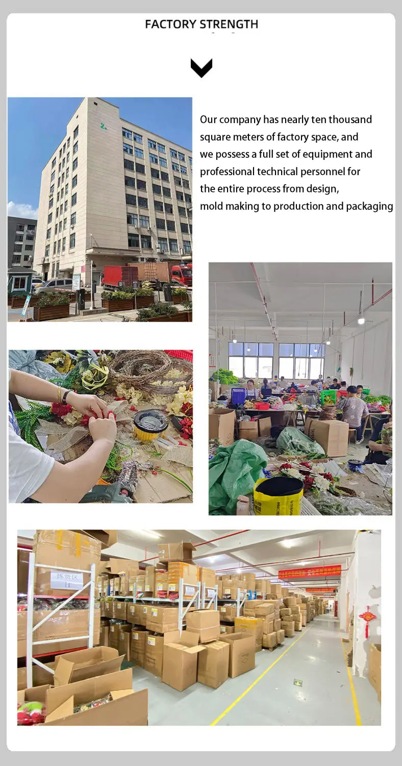 L’image présente un collage de scènes d’usine, incluant une vue extérieure du bâtiment beige avec des auvents rouges, relatif à l’ornement de manège forain musical de Noël.