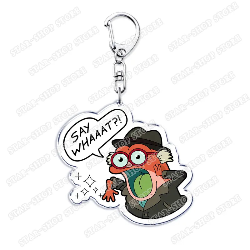 a translucent orange and green amphiblia anime acrylic keychain featuring a cartoon character with red-rimmed glasses, a dark hat, a suit, and a speech bubble reading say whaaat in black text.
