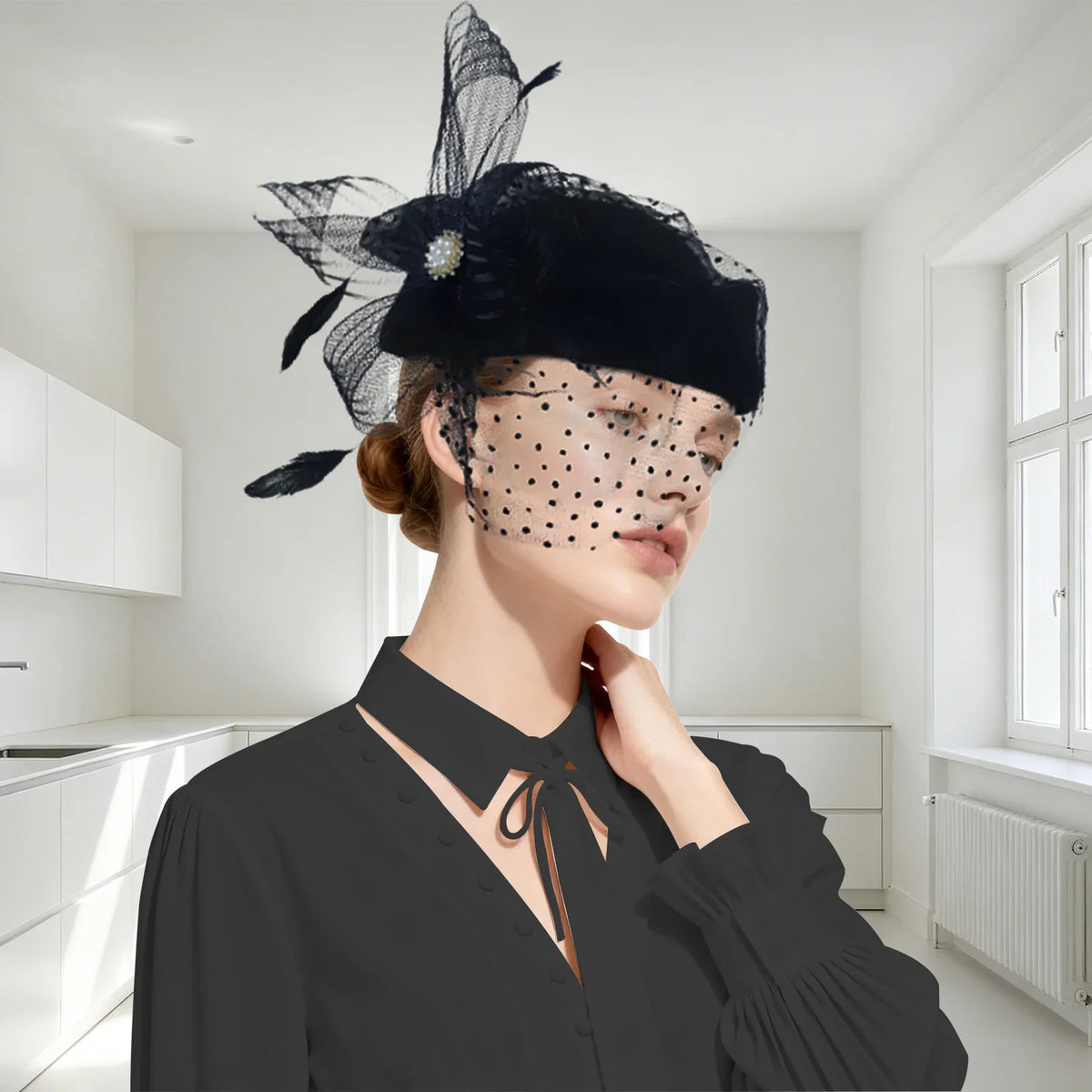 Women Bridal Fascinator with Feathers Dot Print Veil Elegant Pillbox Hats for Tea Party Wedding Church Fedoras Headscarf Bonnet