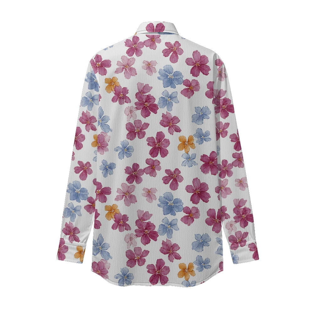 Chic Black Floral Printed Shirt for Women Minimalist Long Sleeve Button Up All-Over Black Blossom Print Two Pockets Relaxed Fit