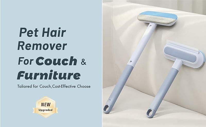 Blue and white reusable pet hair remover brush for furniture and carpets designed to efficiently remove pet hair from couches and upholstery.