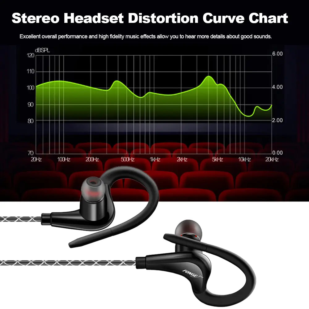 Black in-ear 3.5mm headphone wired sports earphones with mic featuring a sleek curved design and red accent on the earpiece.