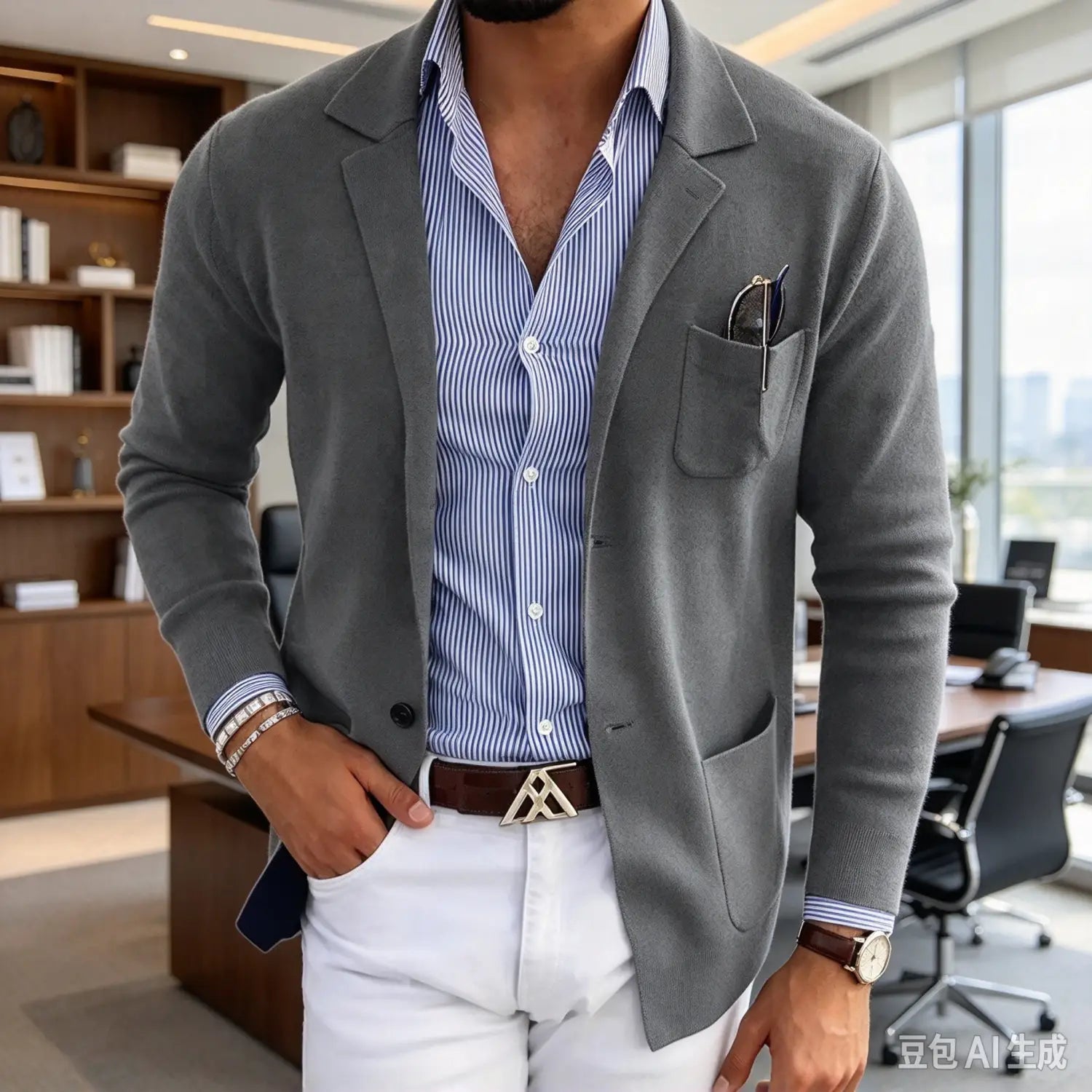 Chaqueta tipo blazer de punto tejido gris con textura, de ajuste entallado, con solapas tipo púa y diseño de una sola fila de botones, para traje de hombre